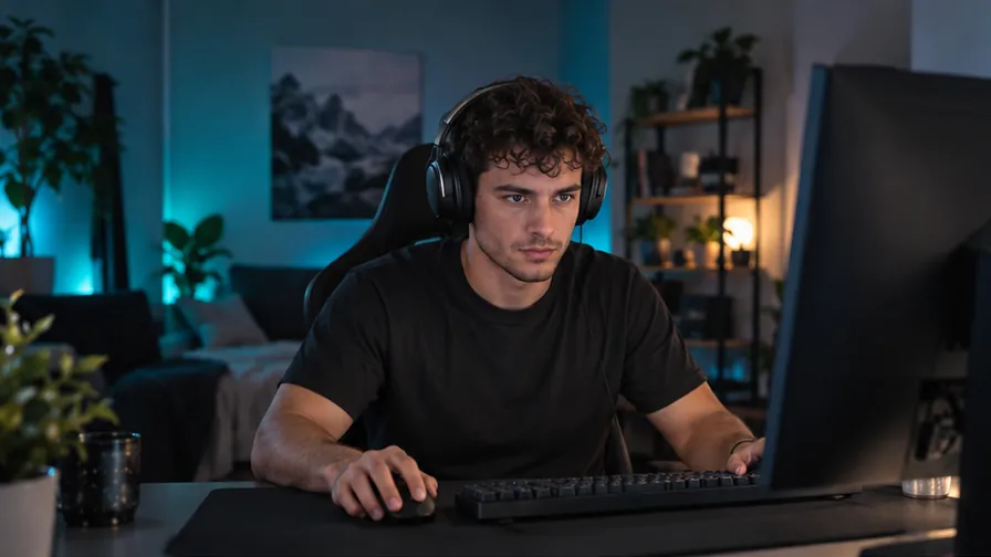 Creator at a computer in a blue-lit room