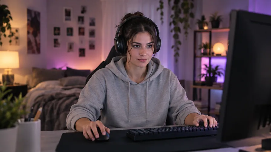 Creator at a computer in a softly lit room