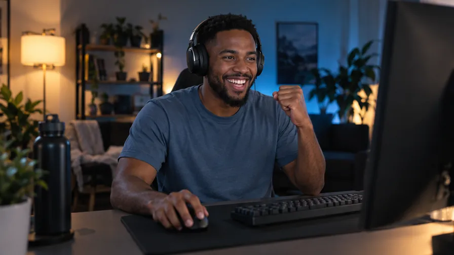 Creator at a computer in a recording room